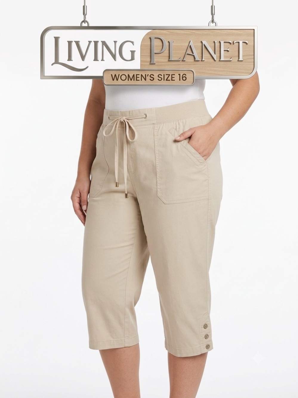 Living Planet Stone Color Snap Hem Drawstring Capris NWT 16